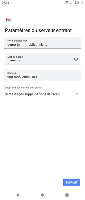 Saisissez votre Nom d'utilisateur et l'adresse du serveur entrant. Sélectionnez SUIVANT