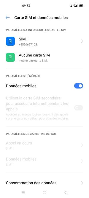 Sélectionnez SIM1 ou SIM2