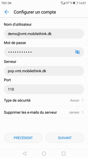 Saisissez votre Nom d'utilisateur et l'adresse du serveur entrant. Sélectionnez SUIVANT