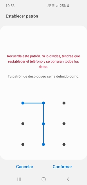 Dibuje de nuevo el patrón de desbloqueo y seleccione Confirmar