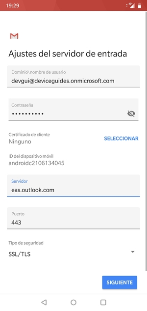 Introduzca Nombre de usuario y la dirección de servidor Exchange. Seleccione SIGUIENTE