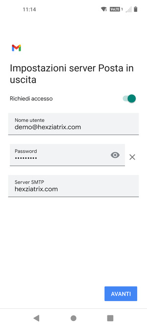 Inserisci l'indirizzo del server di posta in uscita e seleziona AVANTI