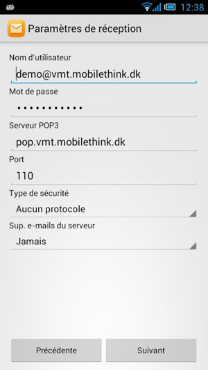 Entrez Nom d´utilisateur et L´adresse du serveur Entrant. Sèlectionnez Suivant