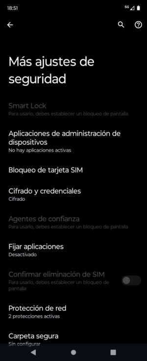 Seleccione Bloqueo de tarjeta SIM
