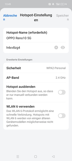 Geben Sie eine WLAN-Hotspot-Passwort mit mindestens 8 Zeichen ein und wählen Sie Speichern