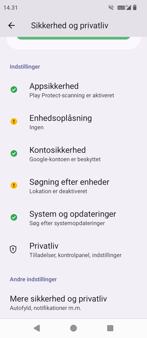 For at ændre PIN-koden til sim-kortet, vend tilbage til menuen Sikkerhed og privatliv og vælg Mere sikkerhed og privatliv