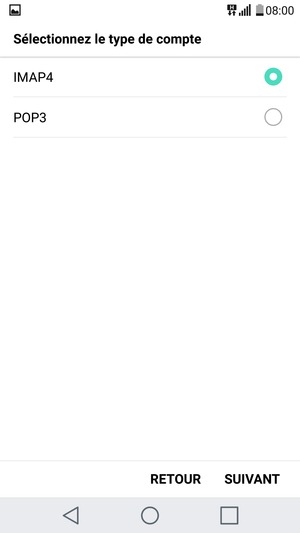 Sélectionnez IMAP4 ou POP3 et sélectionnez SUIVANT