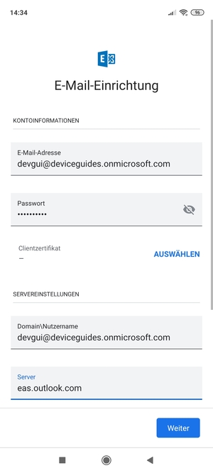 Geben Sie Benutzername und Exchange Server-Adresse ein. Wählen Sie Weiter