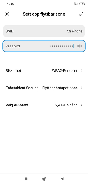 Skriv inn et Wi-Fi hotspot-passord på minst 8 tegn og velg GEM