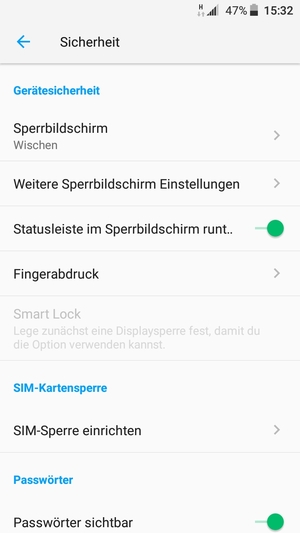 Um Ihre Bildschirmsperre zu aktivieren, gehen Sie zum Sicherheit Menü und wählen Sie  Sperrbildshirm