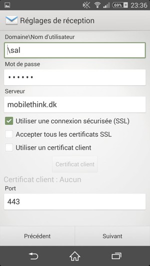 Saisissez votre Nom d'utilisateur et l'adresse du serveur Exchange. Sélectionnez Suivant