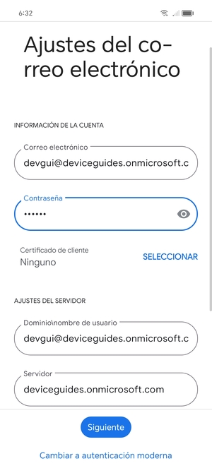 Introduzca Nombre de usuario y la dirección de servidor Exchange. Seleccione Siguiente