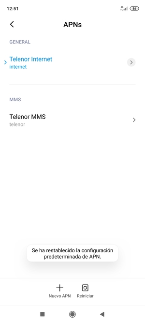 El teléfono se reiniciará con la configuración predeterminada de Internet y MMS