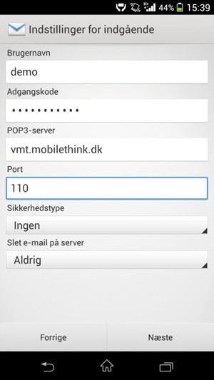 Indtast Brugernavn og Indgående serveradresse. Vælg Næste