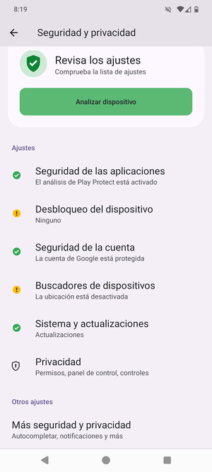 Desplácese y seleccione Más  seguridad y privacidad