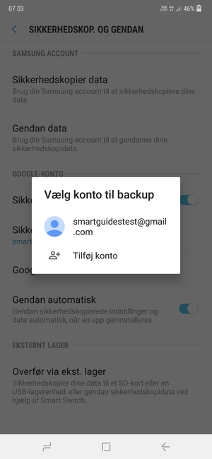 Vælg din sikkerhedskopi-konto