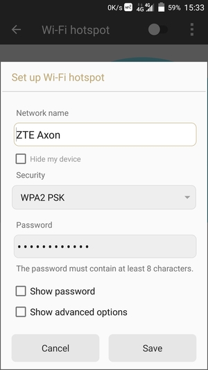 Enter a Wi-Fi hotspot password of at least 8 characters and select Save