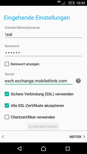Geben Sie Benutzername und Exchange Server-Adresse ein. Wählen Sie WEITER