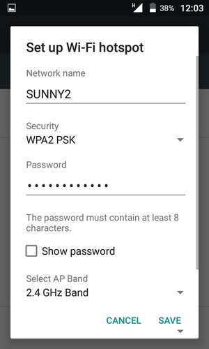 Enter a Wi-Fi hotspot password of at least 8 characters and select SAVE