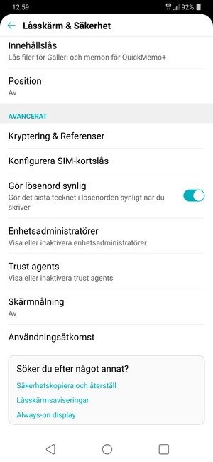 För att byta SIM-kortets PIN, återgå till Låsskärm & Säkerhet-menyn och välj Konfigurera SIM-kortslås