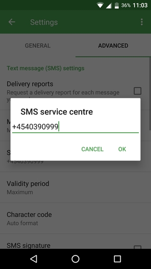 Enter the SMS service centre number and select OK