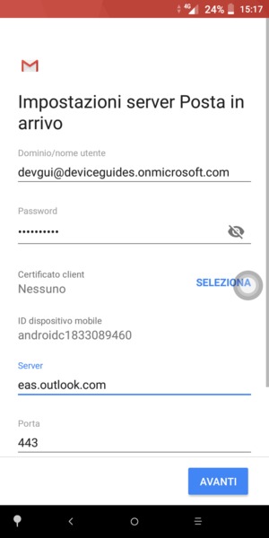 Inserisci Nome utente e l'indirizzo del server Exchange. Seleziona AVANTI
