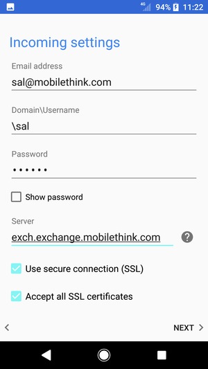Enter Username and Exchange server address. Select NEXT