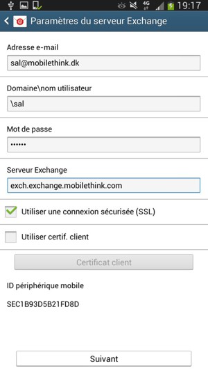 Saisissez votre Nom d'utilisateur  et l'adresse du serveur Exchange. Sélectionnez Suivant
