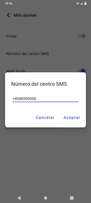 Introduzca el número de centro SMS y seleccione Aceptar