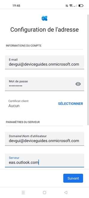Saisissez votre Nom d'utilisateur et l'adresse du serveur Exchange. Sélectionnez Suivant