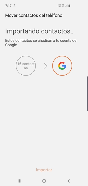 Sus contactos se guardarán en su cuenta de Google y se guardarán en su teléfono la próxima vez que Google sea sincronizado.