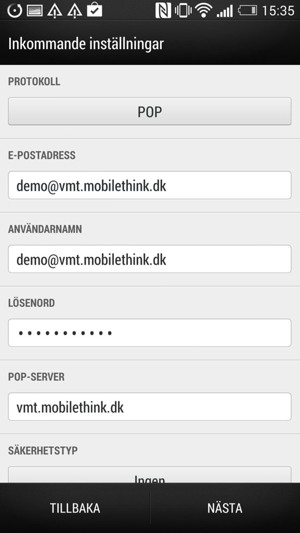Ange e-postinformation för Inkommande serverinställningar och välj NÄSTA
