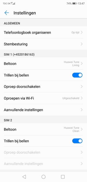 Scroll naar SIM 1 of SIM 2 en selecteer Aanvullende instellingen