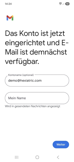 Geben Sie Ihrem Konto einen Namen und geben Sie Ihren Namen ein. Wählen Sie Weiter