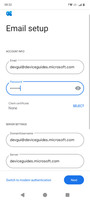 Enter Username and Exchange server address. Select Next