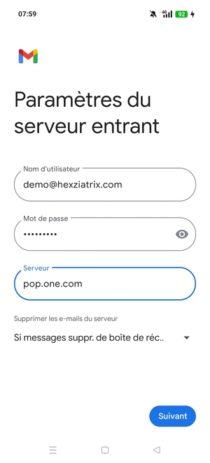 Saisissez votre Nom d'utilisateur et l'adresse du serveur entrant. Sélectionnez Suivant
