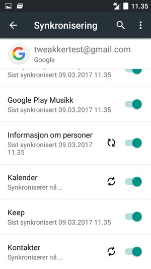 Dine kontakter fra Google vil synkroniseres til telefonen din