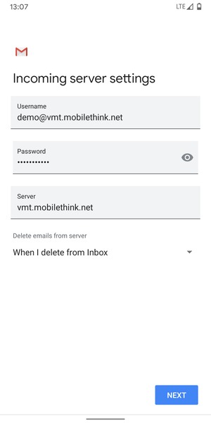 Enter Username and Incoming server address. Select NEXT