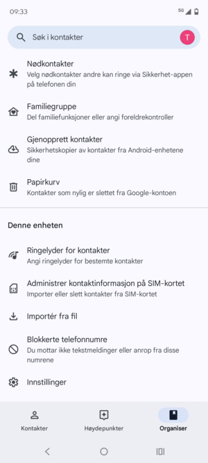 Bla til og velg Administrer kontaktinformasjon på SIM-kortet