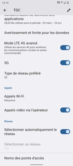 Pour changer de réseau en cas de problèmes de réseau, désactiver Sélectionner automatiquement le reseau