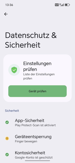 Um Ihre Bildschirmsperre zu aktivieren, gehen Sie zum Sicherheit & Datenschutz Menü und wählen Sie  Geräteentsperrung