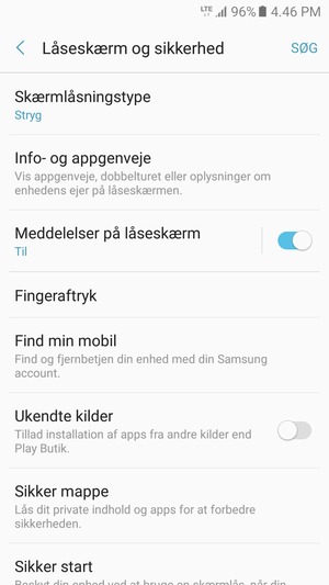 For at aktivere din skærmlås, gå til menuen Låseskærm og sikkerhed og vælg Skærmlåsningstype