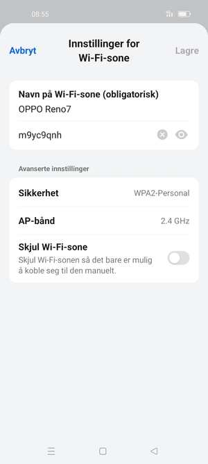 Skriv inn et Wi-Fi hotspot-passord på minst 8 tegn og velg Lagre