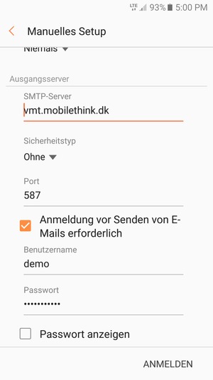 Scrollen Sie nach unten und geben Sie die Server-Adresse für ausgehende Post ein