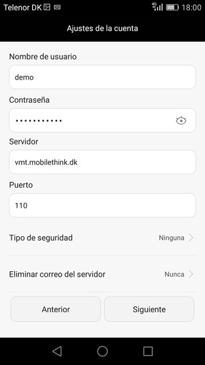 Introduzca Nombre de usuario y la dirección de servidor entrante. Seleccione Siguiente