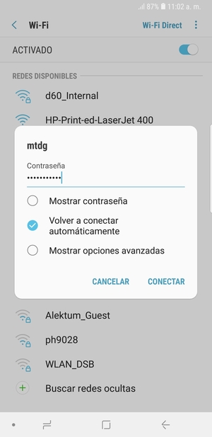 Introduzca la contraseña de Wi-Fi y seleccione CONECTAR