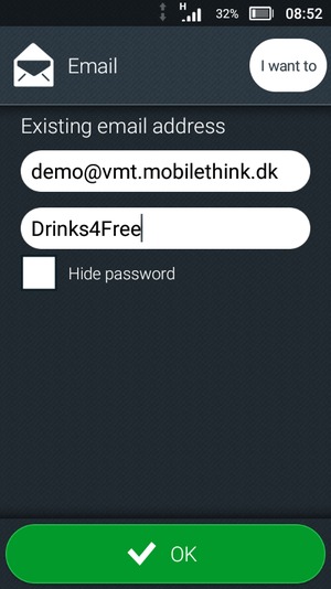 Enter your email address and password. Select OK