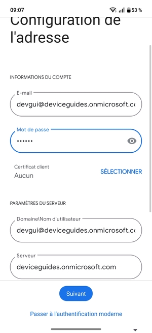 Saisissez votre Nom d'utilisateur et l'adresse du serveur Exchange. Sélectionnez Suivant