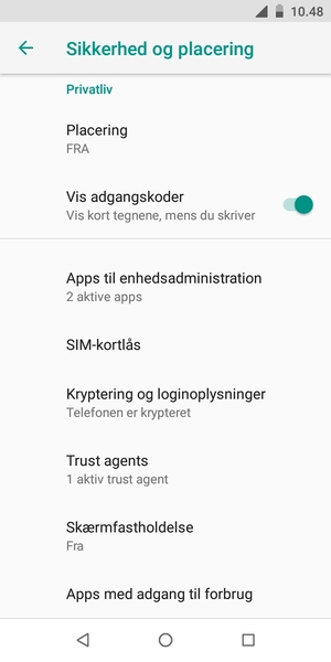 For at ændre PIN-koden til sim-kortet, vend tilbage til menuen Sikkerhed og placering og scroll til og vælg SIM-kortlås