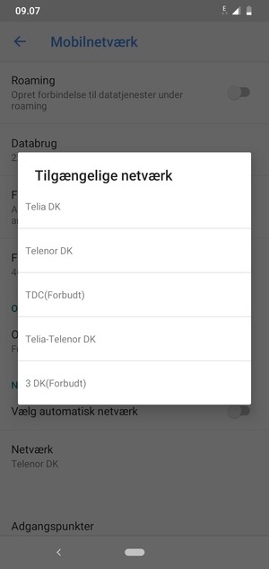 Vælg en netværksudbyder fra listen